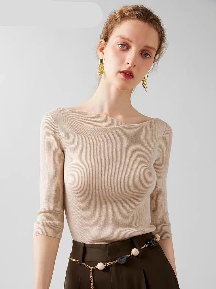 Jerseys para Mujer con cuello oblicuo, Mezcla de lana de seda, Top de punto delgado, suéteres cómodos de lana de seda