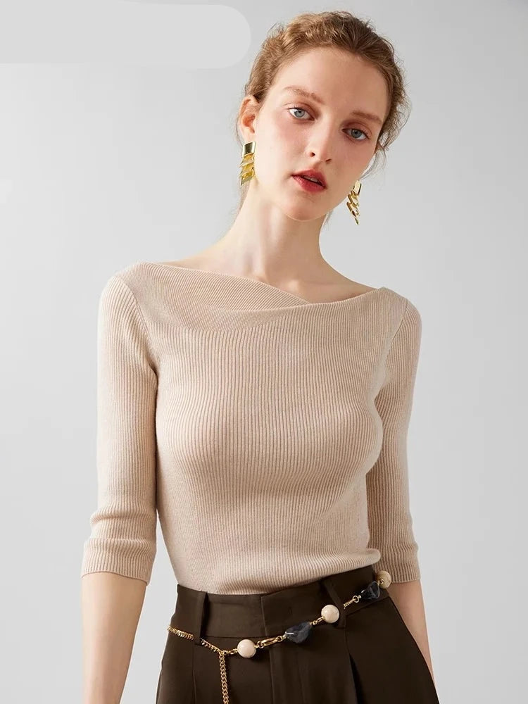 SuyWomen Slash Neck Pullovers Silk Wool Blend Slim Knitted Top, Wool Comfortable Sweaters Beige Charcoal