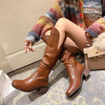 Knee-High Boots Genuine Leather Square Toe Chunky Heel Pleated Fashion  Motorcycle Boots KilyClothing