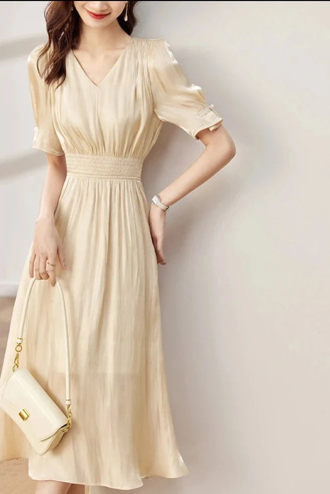 Elegant Summer Dresses for Women, V-Neck Puff Sleeve A Line Fitted Smocking Dresses Female Clothing