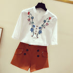 Cotton White Blouse Elegant Embroidery V-Neck Shirts KilyClothing