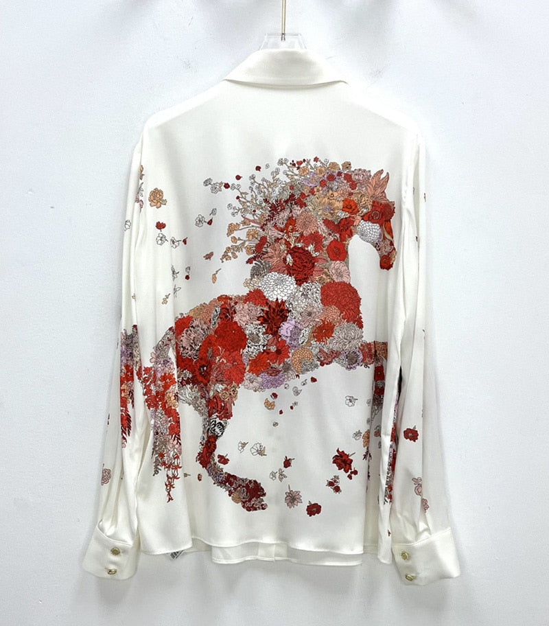 Satin White Shirt For Women Luxury Red Horse Print Long Sleeve KilyClothing