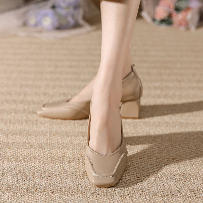 Women Pumps Genuine Leather Square Toe Block Mid Heels Shallow Sewing Casual Office Ladies Slip On Elegant Dress Shoes KilyClothing