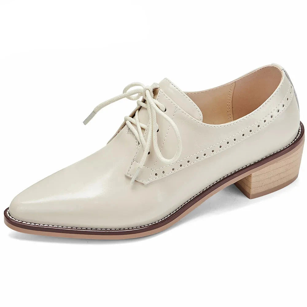 Women Pumps Thick Heels Pointed Toe Office Lady Working Lace-Up Genuine Leather Shoes Retro Style