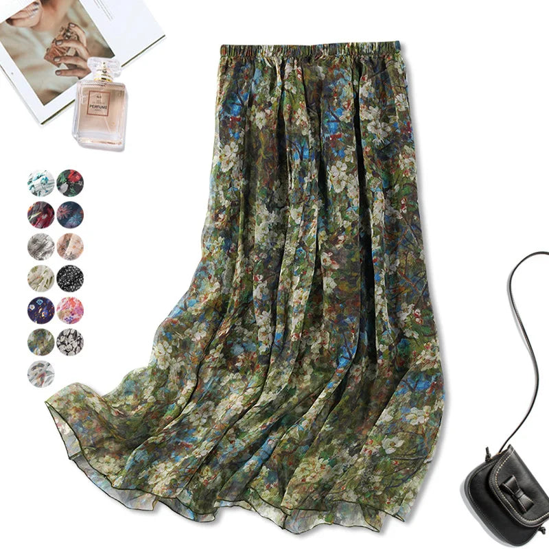 Women 100% Mulberry Silk Printed Skirt  Two-Layers Pleated Midi Skirt Summer Beach 20 colors JN098 KilyClothing