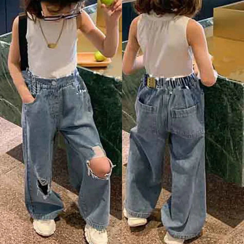 MILANCEL New Autumn Kids Jeans Girls High Waisted Wide Leg Pants Children Ripped Trousers KilyClothing