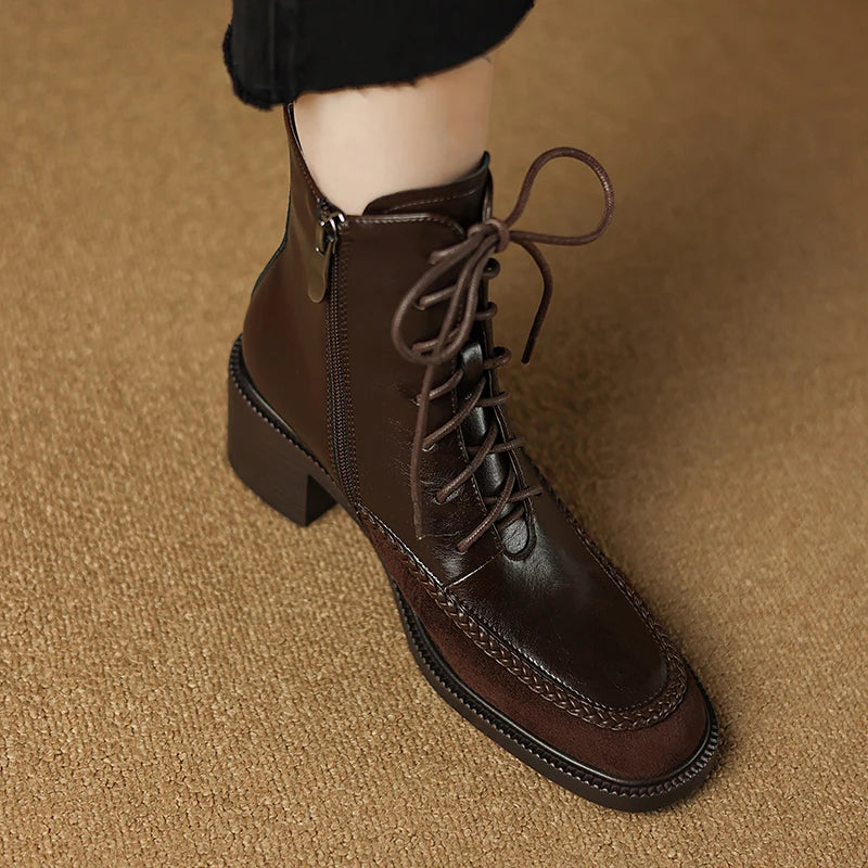 Winter Retro Women Boots Lace Up Chelsea Boots Round Toe Women Shoes Short Pumps Genuine Leather Ankle Boots Western Shoes