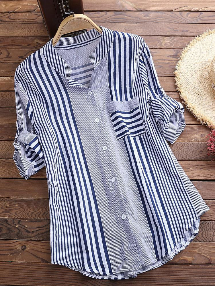 Cotton Linen Long Sleeves Roll Up Striped Casual V Neck Button Down Shirts Blouses Collar Tunic Tops KilyClothing