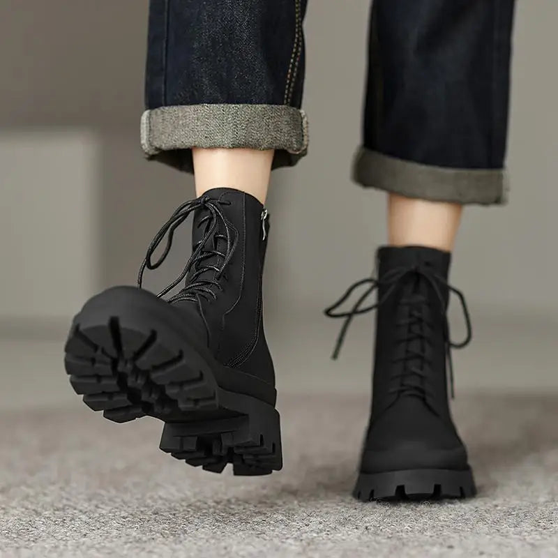 Full Grain Leather Round Toe Thick High Heels Fashion Boots Platform Sporty Chic Cross-tied Punk Zipper Ankle Boots