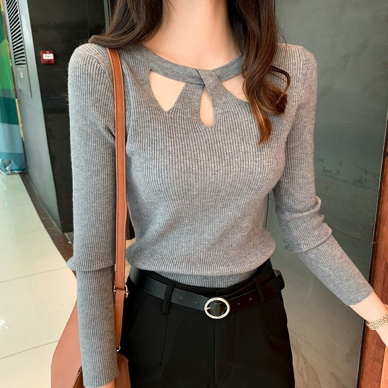 O-neck Slim Stretch Sexy Pullover Hollow Solid Color Sweater Slim Bottoming KilyClothing