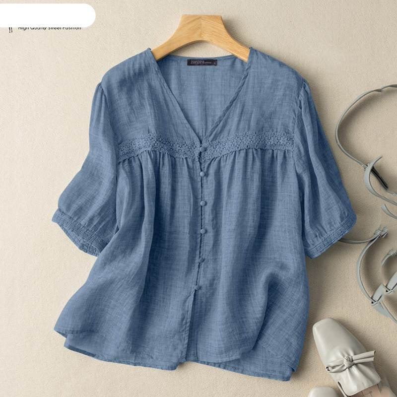 Vintage V Neck Short Sleeve Blouse Women Casual Lace Patchwork Shirt Solid Loose Party KilyClothing
