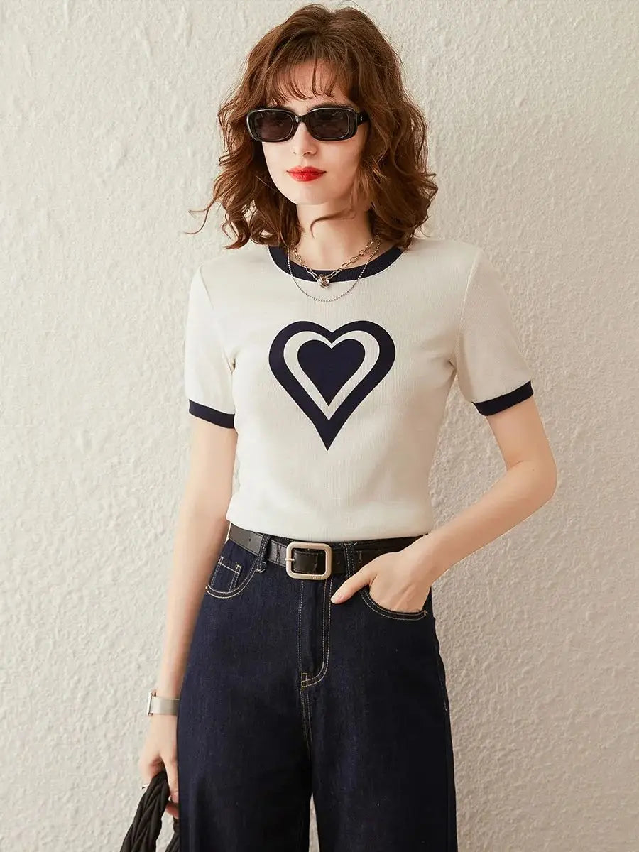 Women T-shirt Print Heart Shape, Round Neck Short Sleeve Casual Basic Tee Short Top