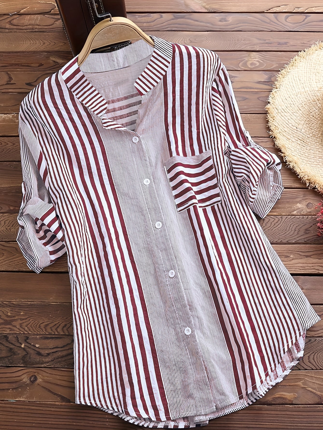 Cotton Linen Long Sleeves Roll Up Striped Casual V Neck Button Down Shirts Blouses Collar Tunic Tops KilyClothing