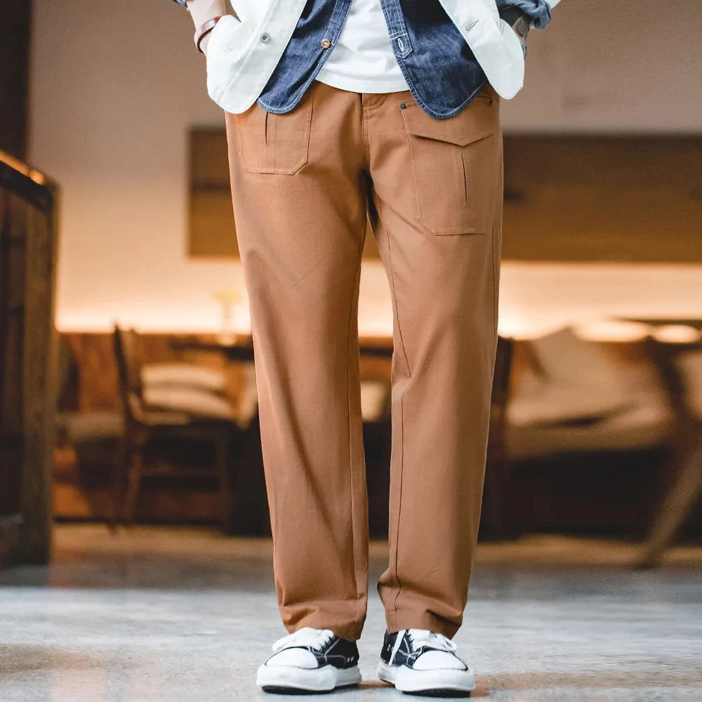 Pants Casual 100% Cotton Paris Button Straight Trousers Men's Vintage Workwear KilyClothing
