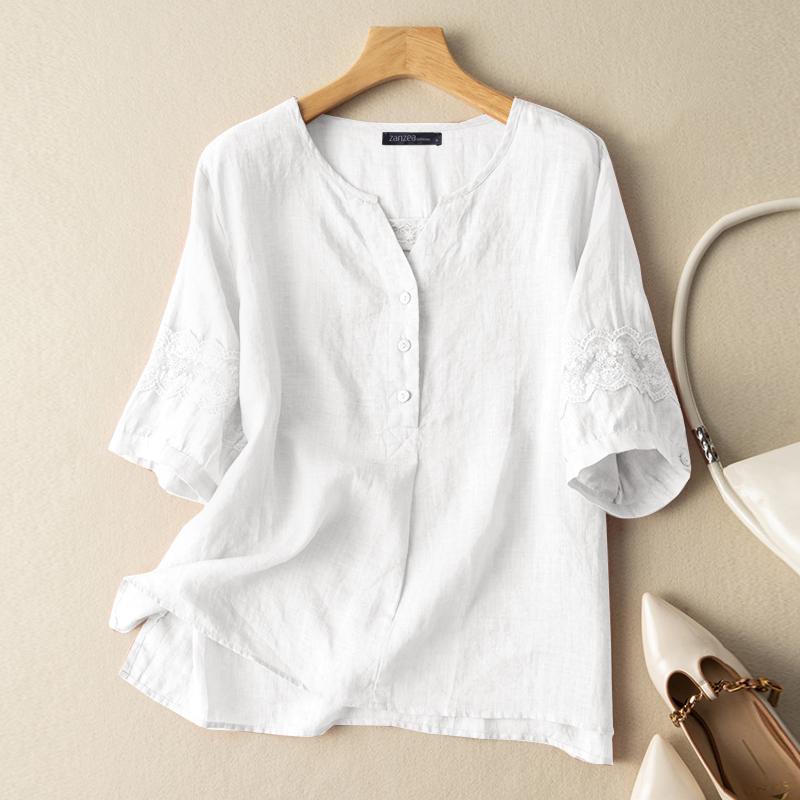 V-Neck Half Sleeve Cotton Shirt Fashion Casual Retro Tops KilyClothing