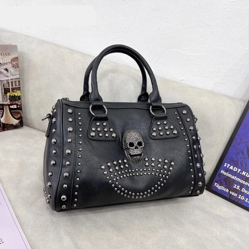 Trendy Metal Skull Studded Black Handbags Gothic Rivet Womens Purse Satchel Handbag Shoulder Bags Large Capacity KilyClothing