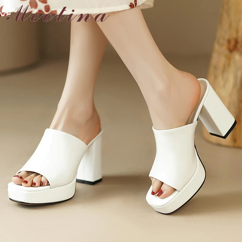 Meotina Women Genuine Leather Shoes Round Toe Platform Thick High Heel Slides Ladies Fashion Slippers Summer Spring Apricot