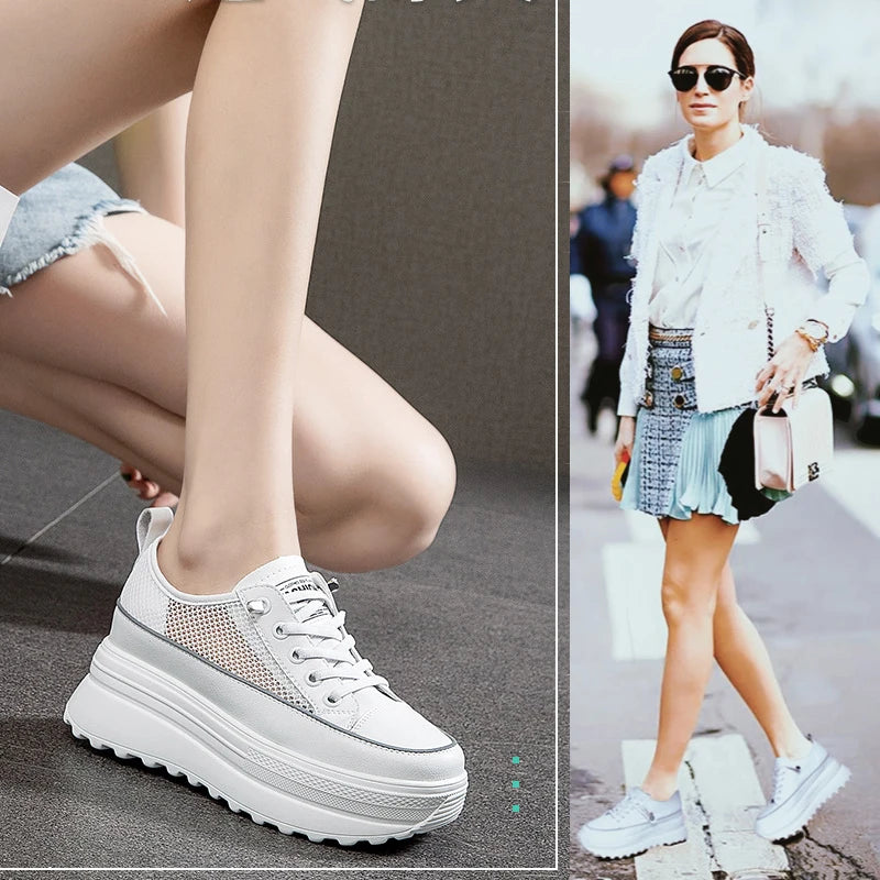 Genuine Leather Platform Wedge Shoes Chunky Sneaker White Casual Shoes Comfortable Breathable KilyClothing