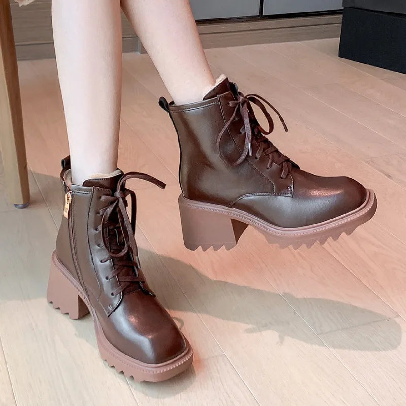 Warm Women Ankle Boots Wool Outdoor Leisure Working Short Boots Thick Heels Cross-Tied Shoes Woman