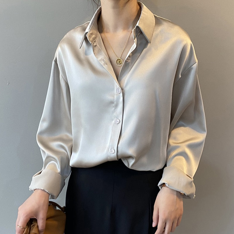 Button Up Satin Silk Shirt Vintage Blouse Women  Long Sleeves Female Loose Street Shirts KilyClothing