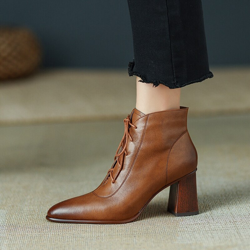 Leather Pointed Toe Chunky Heel Shoes Women Retro Split Modern Boots KilyClothing