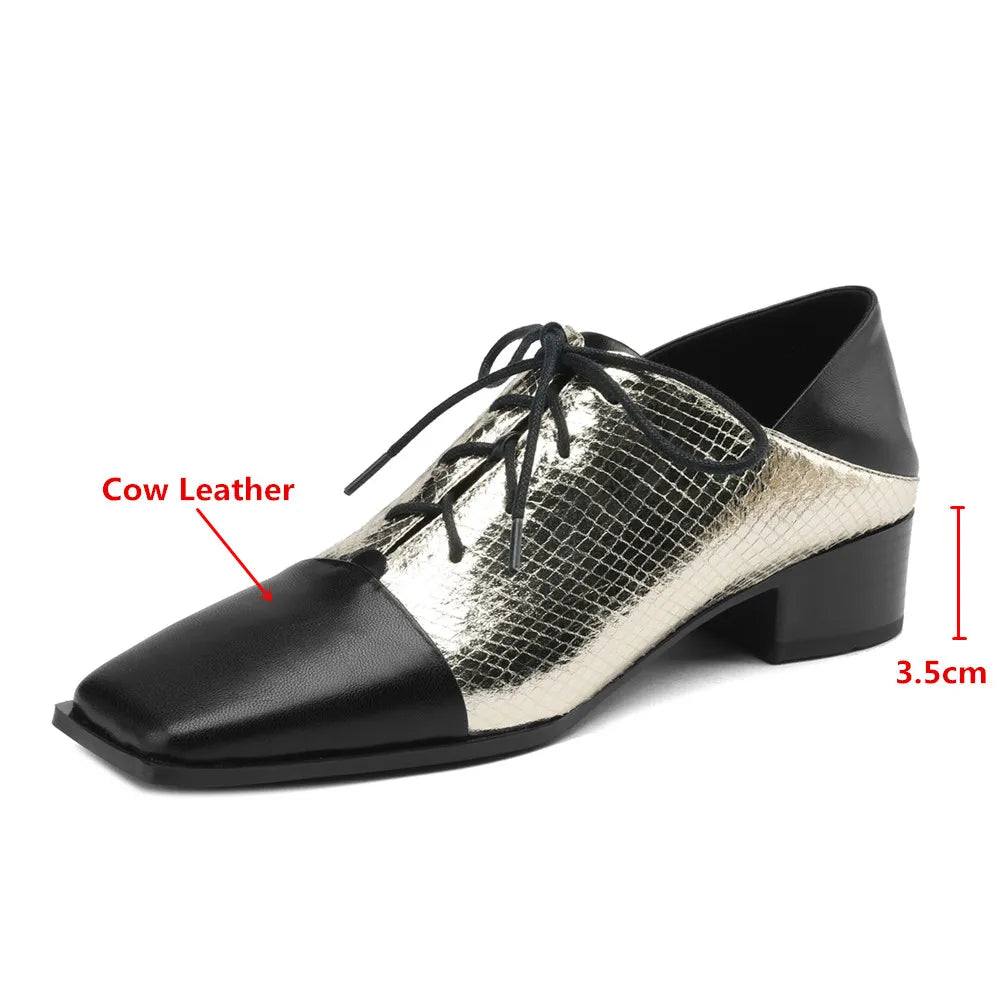 Metallic Microfibre Mixed Color Women Cow Leather Pumps Square Toe Thick Heels Classic Lace Up Casual Street KilyClothing