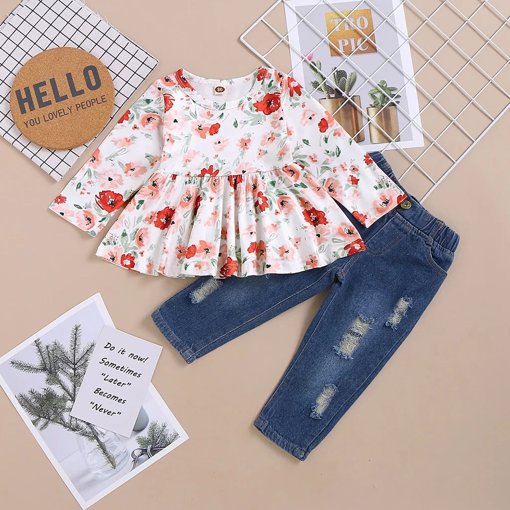 1-4 Year Toddler Girl Clothes Set Flower Long Sleeve T-shirt+Ripped Jeans 2Pcs Fashion Costume Spring &Autumn Kids Girl Outfit KilyClothing