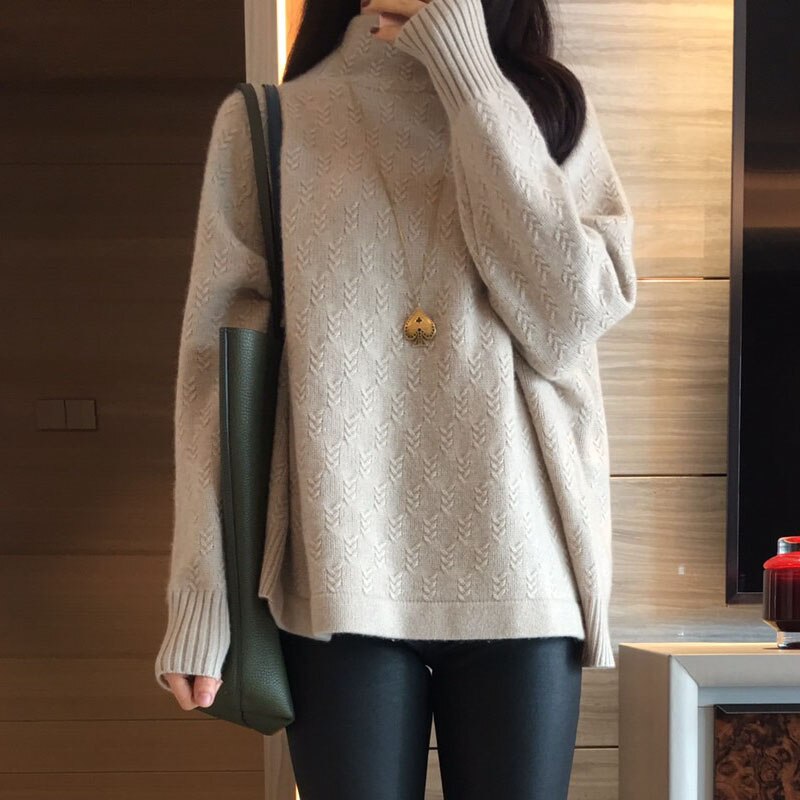 Thickened cashmere sweater twist flower half high neck pullover woolen knit loose versatile sweater KilyClothing