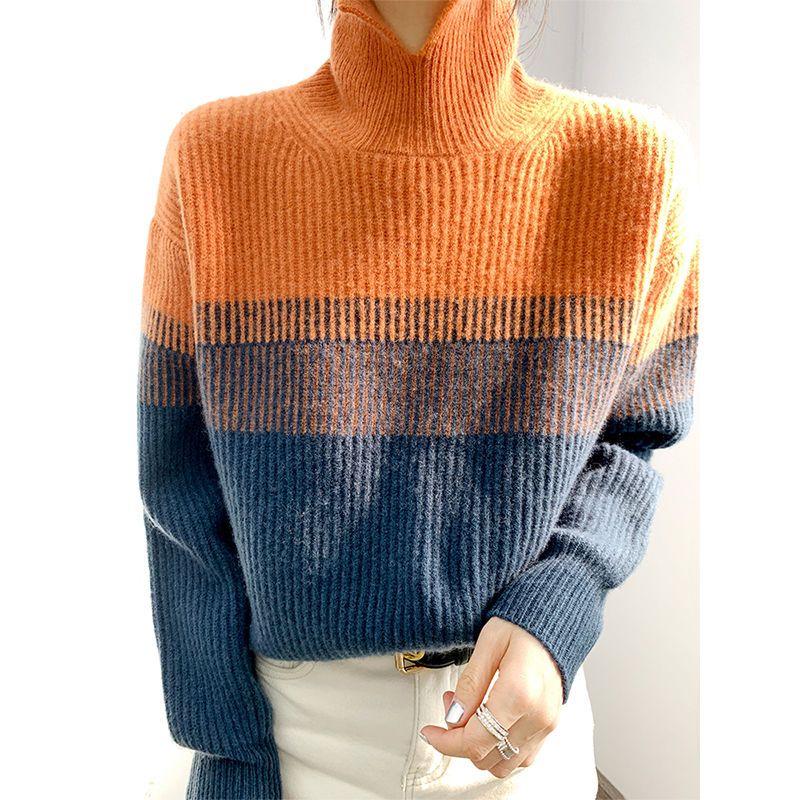 Fashion Korean Contrasting Colors Patchwork Sweaters / Casual Vintage Turtleneck Knitted Jumpers KilyClothing