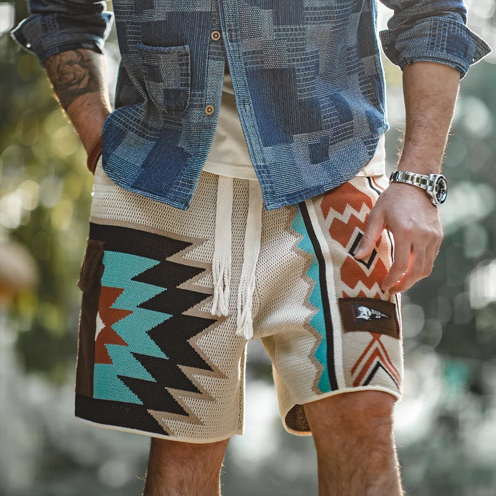 Vintage Navajo Totem Knitted Shorts Men's Casual Embroidery Geometric Beach Short Pants Drawstring Elastic Waist Shorts KilyClothing