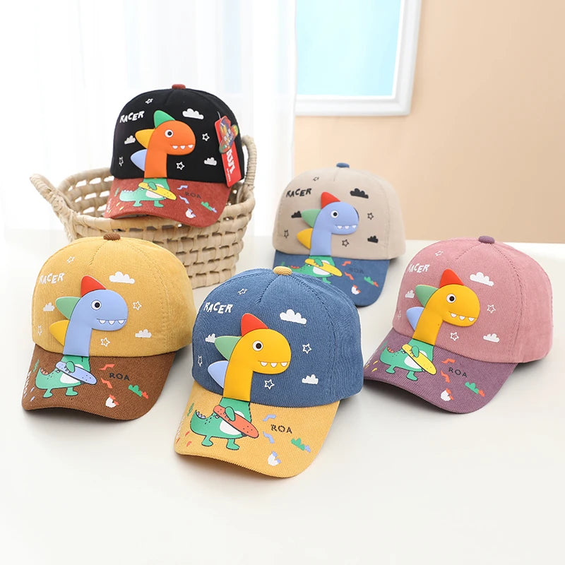 Gorra de béisbol para niños y niñas, diseño de dinosaurio de dibujos animados de pana multicolor con visera, sombrero de primavera al aire libre