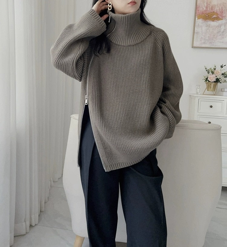 100% pure cashmere cardigan women's high neck mid-long zipper sweater loose knit coat KilyClothing