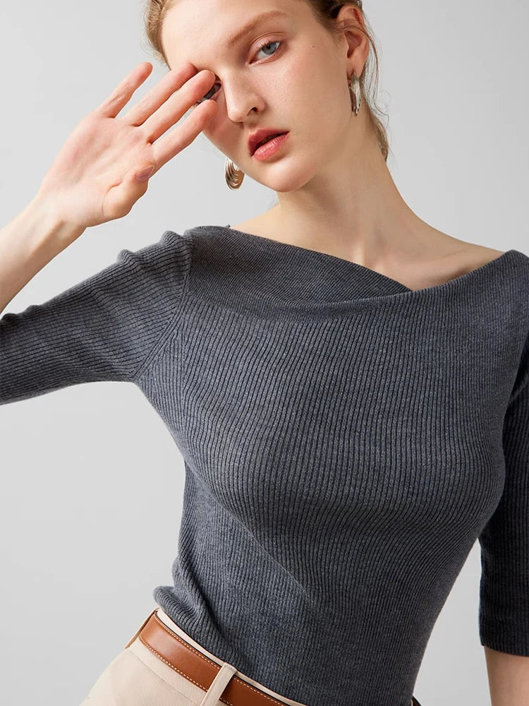 SuyWomen Slash Neck Pullovers Silk Wool Blend Slim Knitted Top, Wool Comfortable Sweaters Beige Charcoal