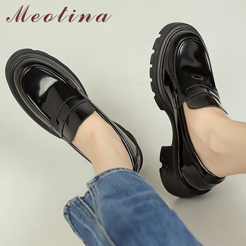 Meotina Women Genuine Leather Loafers Pumps Round Toe Thick High Heels Platform Concise Ladies Fashion Shoes Spring Autumn Black