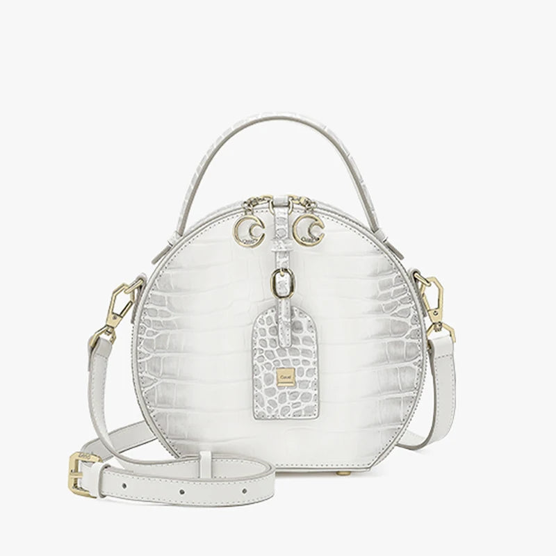 Bolso circular cruzado de piel auténtica para mujer, bolso de diseñador de lujo de marca famosa con patrones
