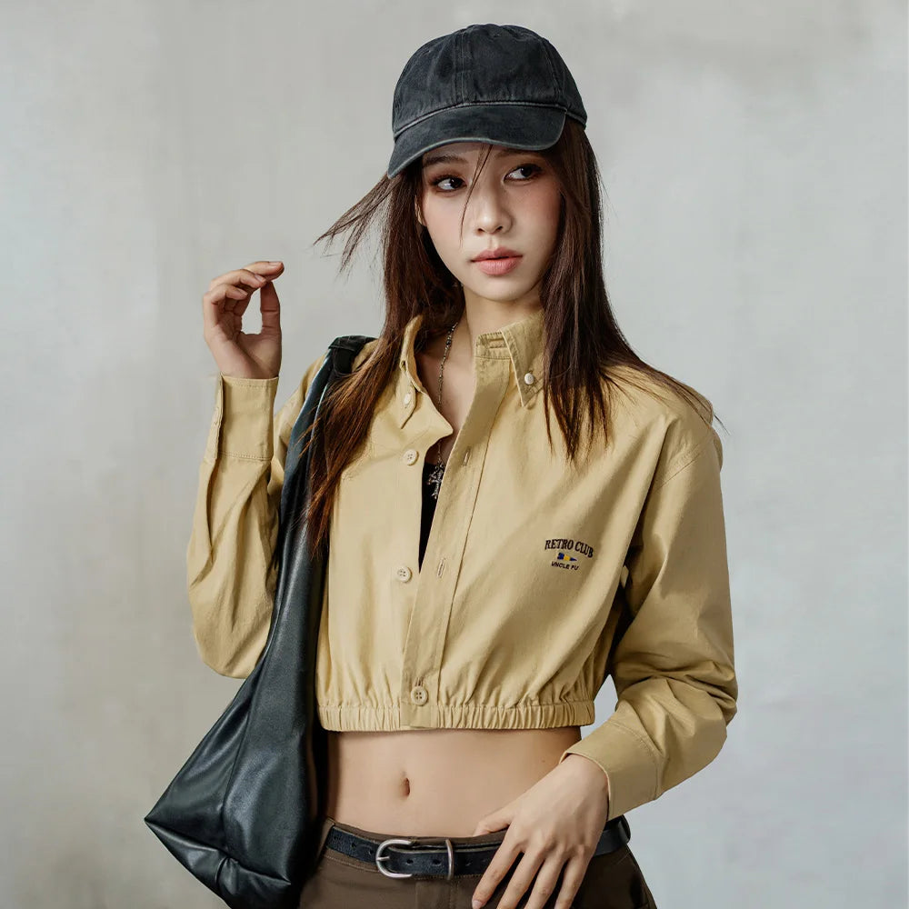 Crop Top Lapel Short Shirt for Women Cotton Letter Embroidery Long Sleeve Khaki Top