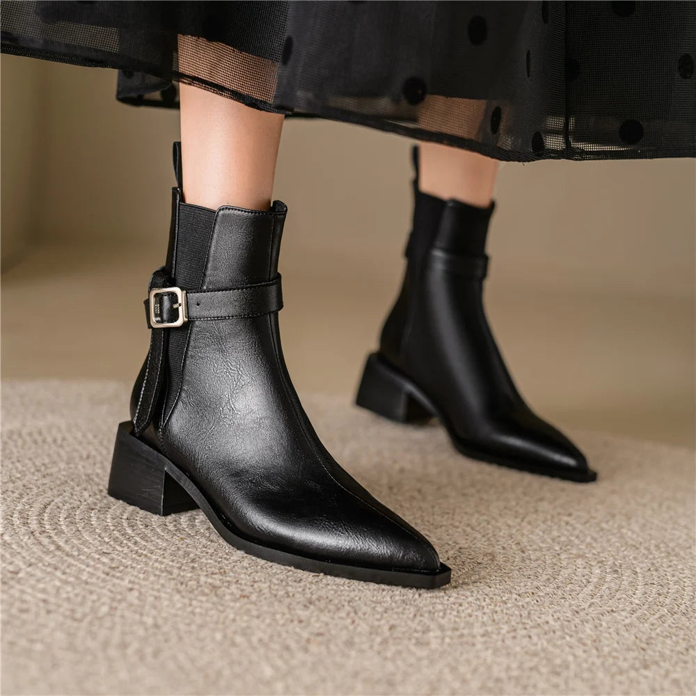 Botines de piel auténtica para mujer, zapatos de tacón cuadrado con punta puntiaguda de estilo Chelsea para oficina de otoño e invierno para mujer