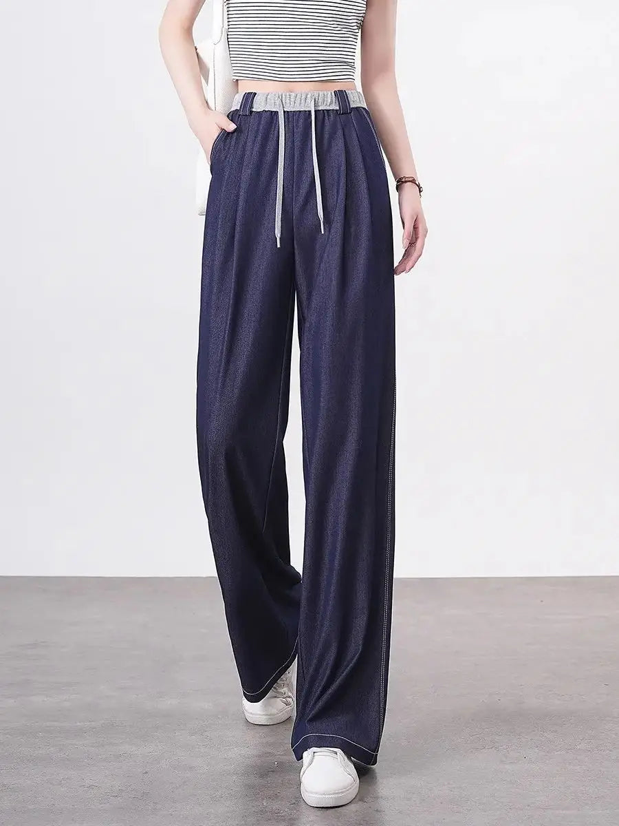 Women Casual Pants, High Waist, Contrast Color, Fashionable Loose Fit Straight Wide Leg Sweat Pants