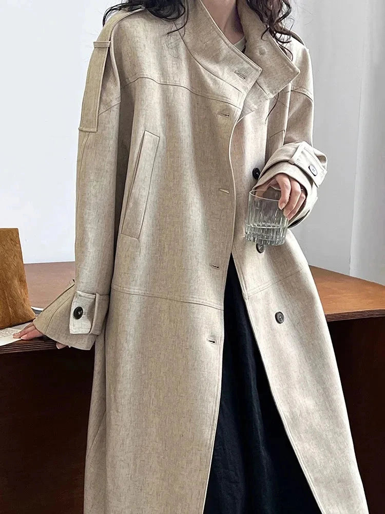 Gabardina de lino empalmada para mujer, cuello alto, manga larga, botonadura sencilla, elegante prenda de abrigo de alta gama