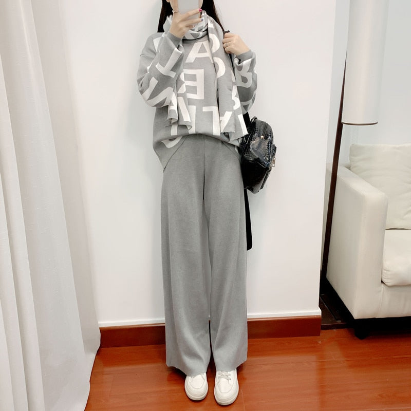 Knited Letter Sweater + Pants + Cape Scarf 3PCS Suits Cappa Wraps Wide Leg Trousers set KilyClothing