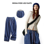 Women Loose Straight Jeans 12.8OZ Elastic Waist Drawstring Wide Leg Pants Oversize Blue Denim Jeans Streetwear Trousers KilyClothing