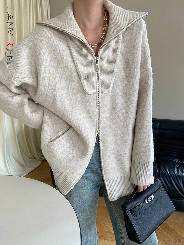 Double Zipper Wool Knitting Sweater For Women Lapel Long Sleeve Loose Minimalism Female Coat