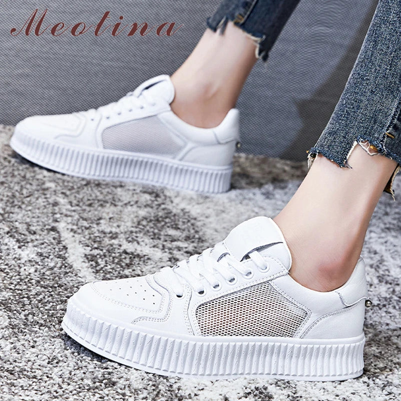 Meotina Women Genuine Leather Pumps Platform Flat Round Toe Shoes Lace Up Mesh Fashion Shoes Female 2022 Spring White Beige 40