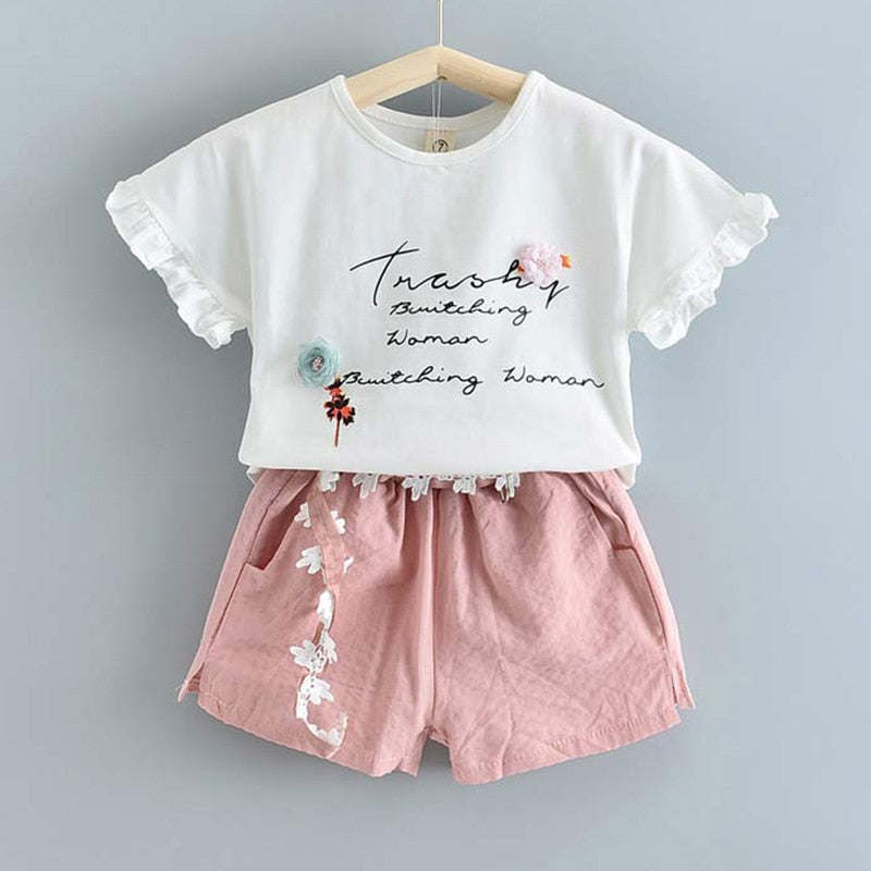 Casual Chiffon Flowers Blue T-shirt Pants Girls Set for 3-7 Years KilyClothing