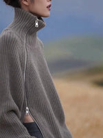 100% pure cashmere cardigan women's high neck mid-long zipper sweater loose knit coat KilyClothing