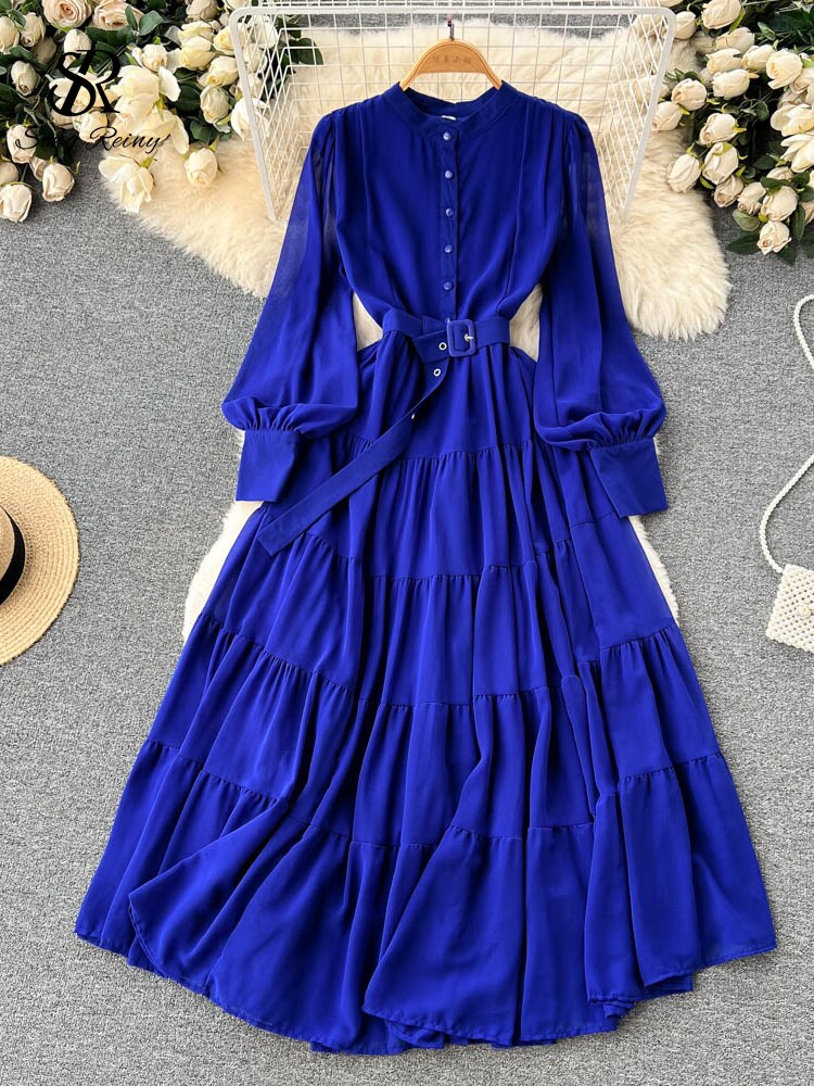 SINGREINY Autumn Retro Beach Pleated Dress Women Lantern Sleeve French Single Breasted 2022 Fashion Chiffon A Line Long Dress KilyClothing