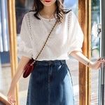 Embroidery Cotton Lace O-neck Casual Blouses= Korean  Sleeve Loose KilyClothing