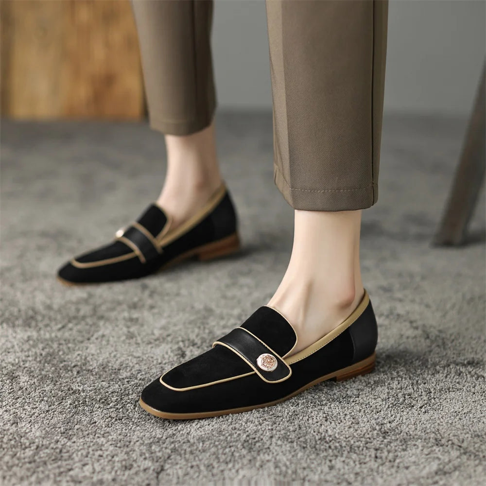 Loafers For Women Block Heels with Metal Buttons, Kid Suede Loafers Square toe Low-heeled Slip on Casual Shallow Work Shoes KilyClothing