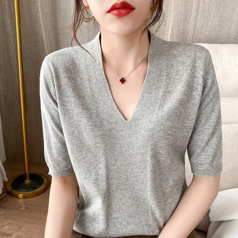 100% cotton thread low V-neck sweater loose Tshirt KilyClothing