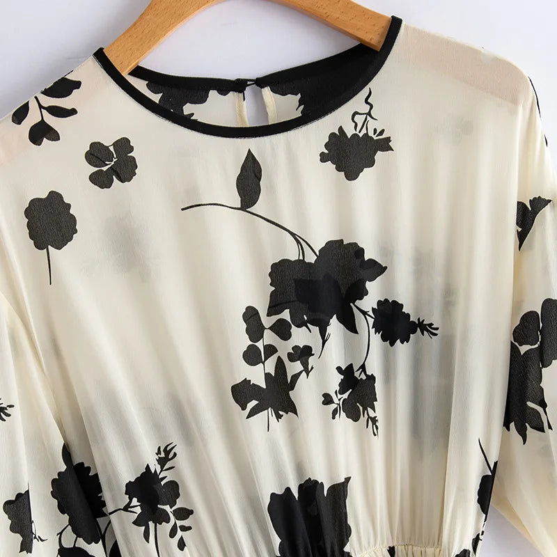 100%Mulberry Silk Elegant Party Dress, Women's temperament Short Sleeve, Floral Print Dresses for Spring Summer KilyClothing